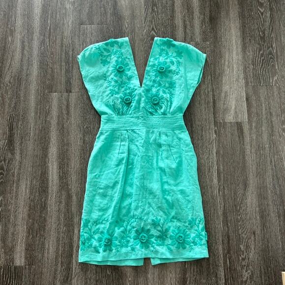 Vintage Milly of New York Linen Embroidered Floral Green V-Neck Dress Sz 8 NWOT - Picture 1 of 16